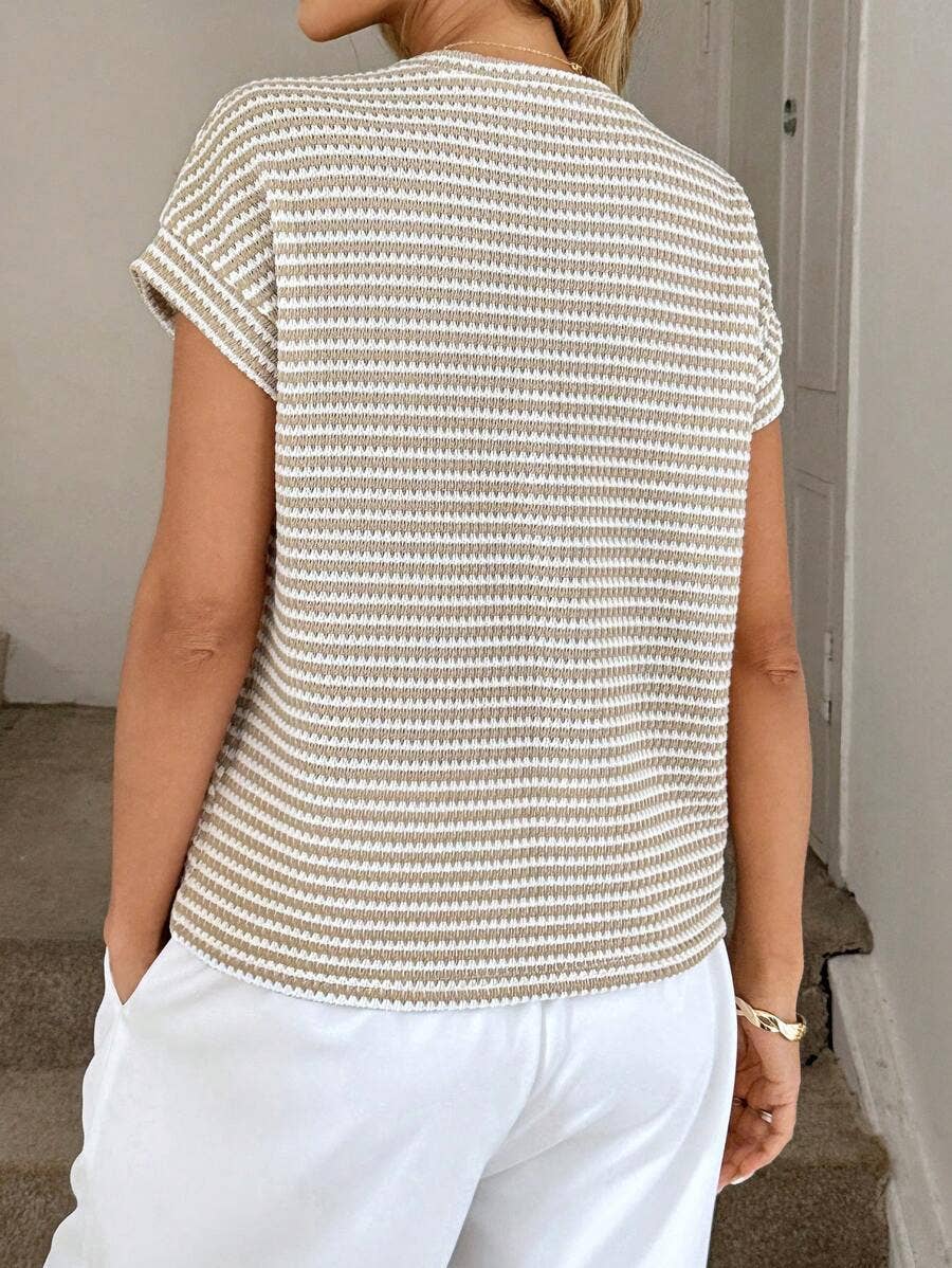 Stripe Knit Crew Neck Short Sleeve Top