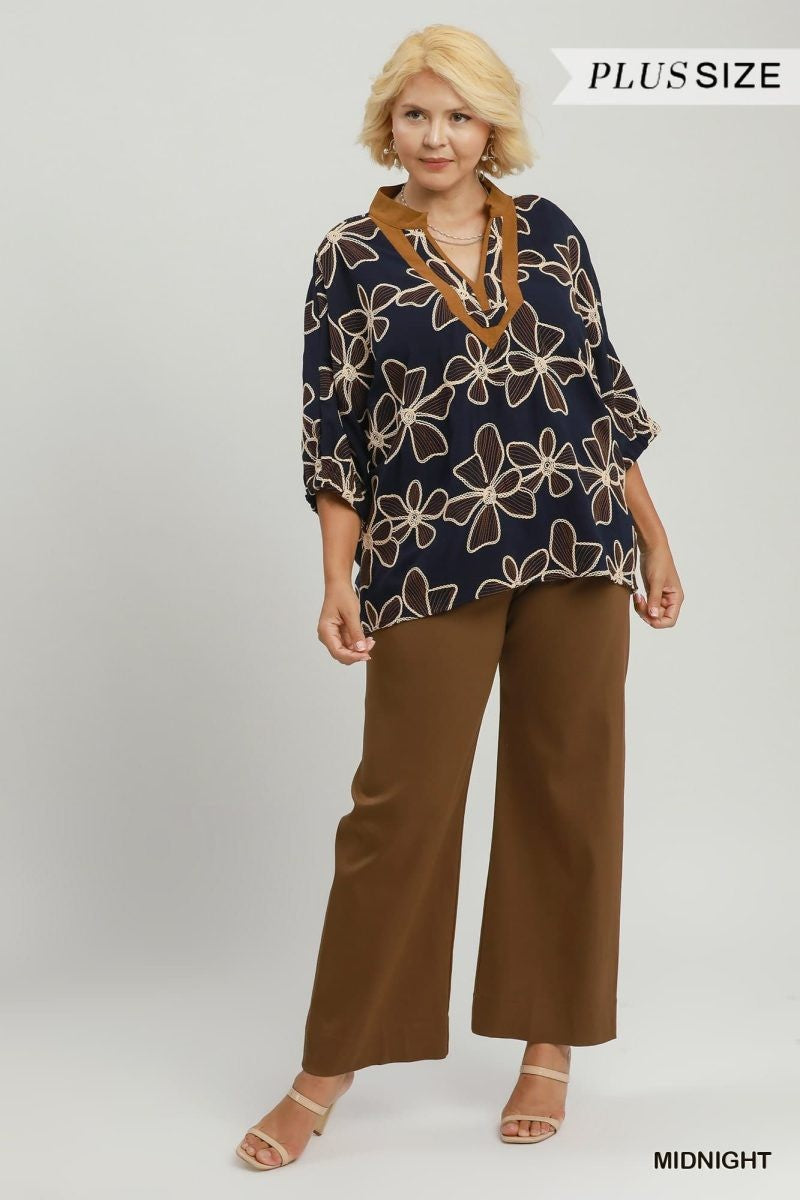 Plus Size Floral Embroidered Split Neck Top