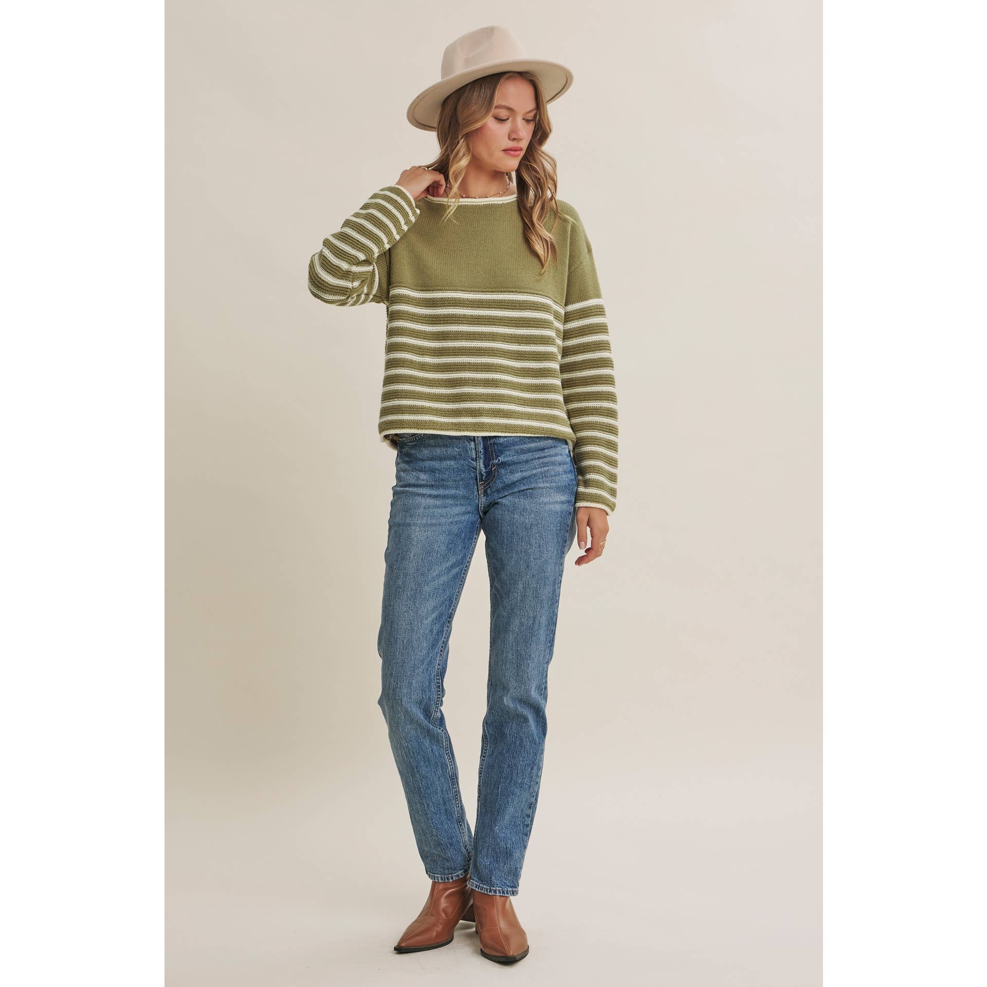 COZY CABIN CONTRAST STRIPE RELAXED SWEATER TOP