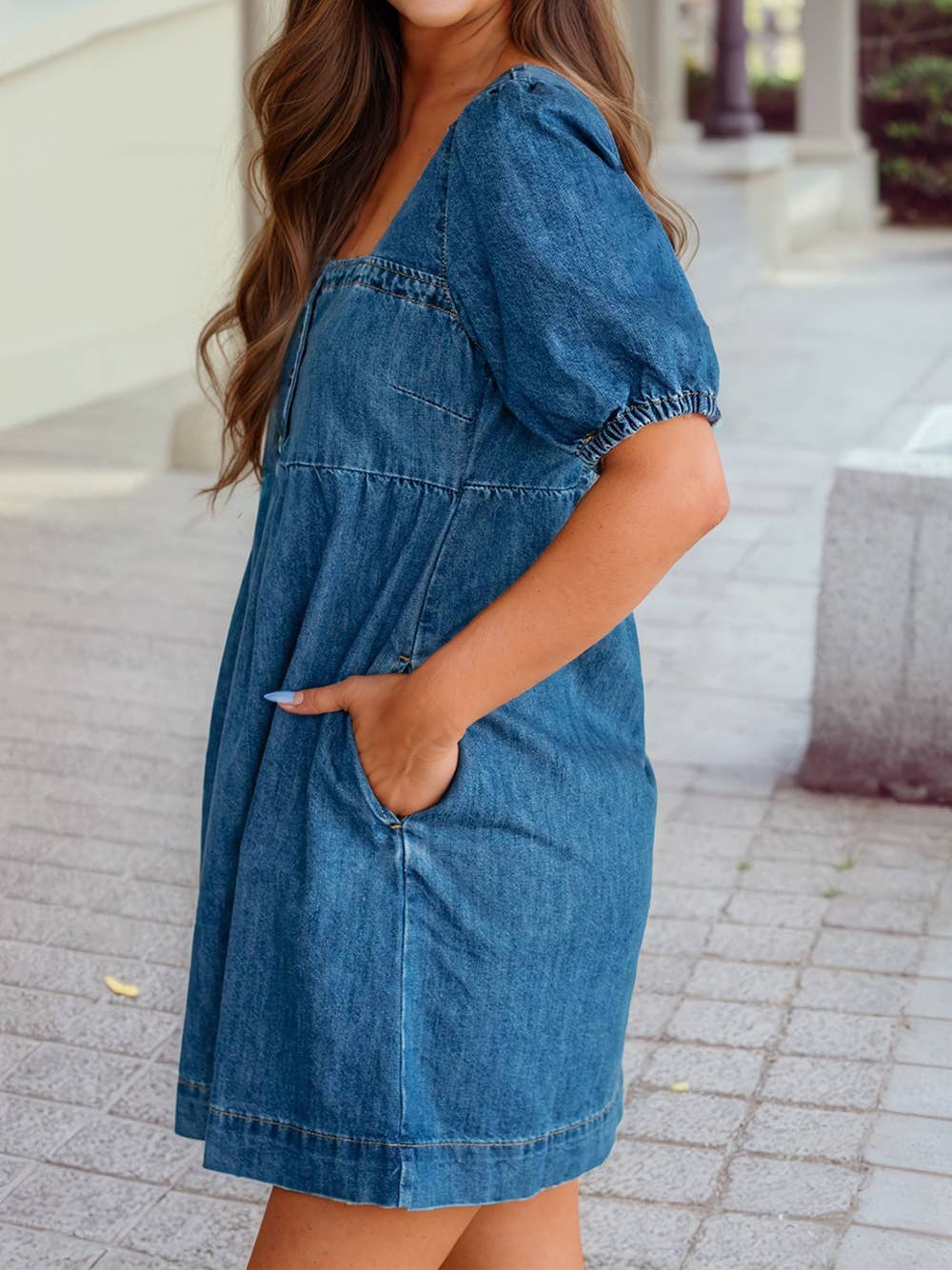 Denim Button Square Neck Mini Dress