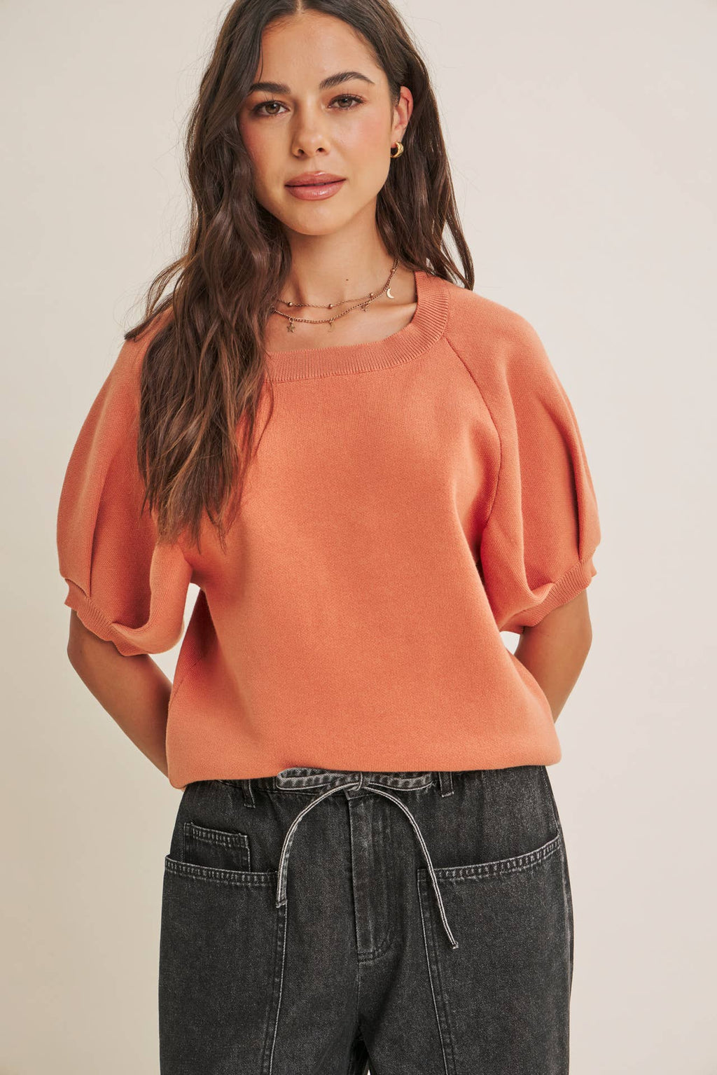 EASY VOLUME MOVEMENT BREATHABLE COTTON SWEATER WITH PUFF SLV