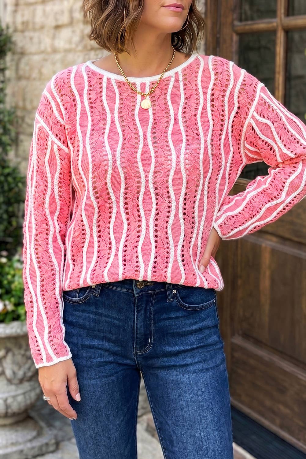Hollow Out Knit Long Sleeve Cotton Pullover Sweater (S-XL)