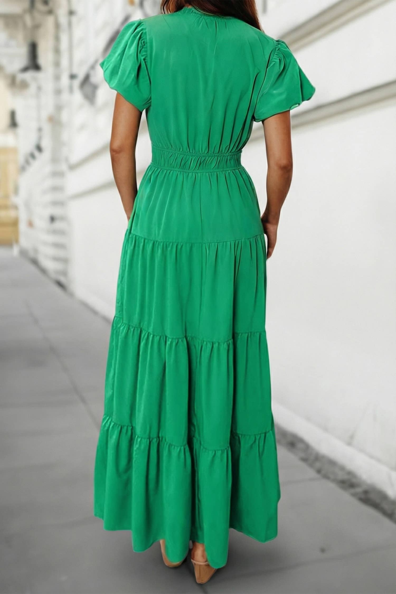 Solid V Neck Short Puff Sleeve Tiered Maxi Dress