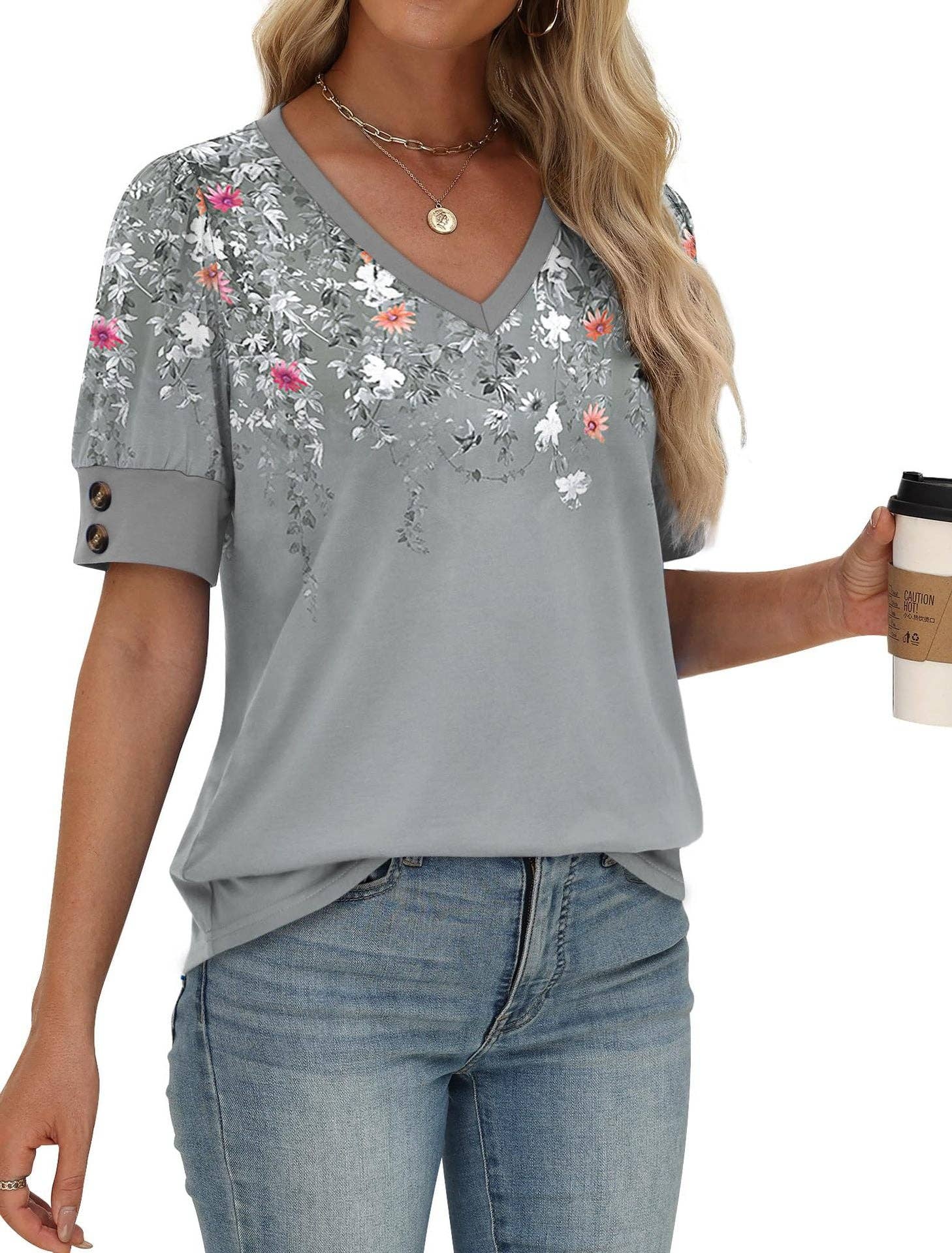 Floral V Neck Short Sleeve Loose Fit Casual Blouse Top