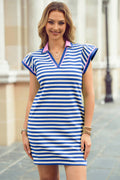 Stripe Collar Split Neck Flutter Sleeve Short Dress