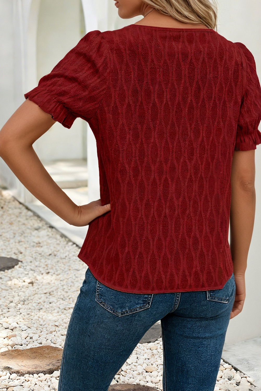Textured Notched Neck Puff Sleeve Blouse