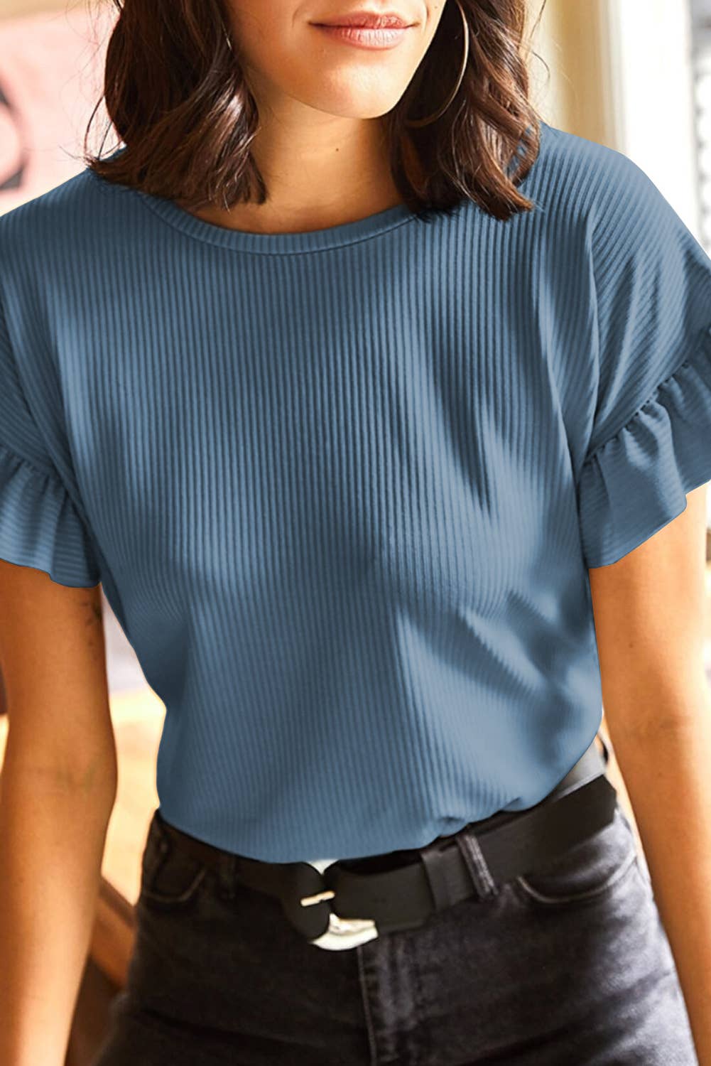 Solid Color Ribbed Ruffled Short Sleeve T Shirt