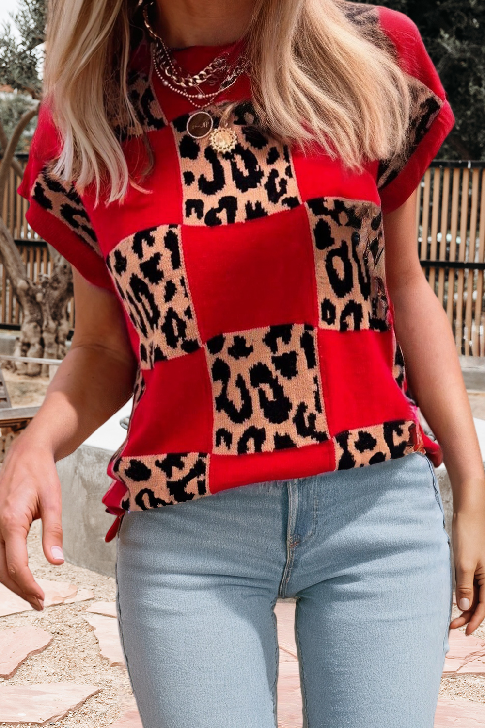 Plus Size Leopard Checkerboard Short Sleeve Sweater (S-3X)