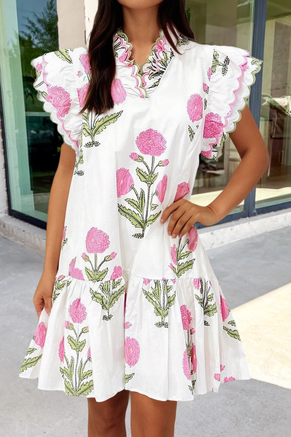 Floral Embroidery Trim V Neck Mini Dress