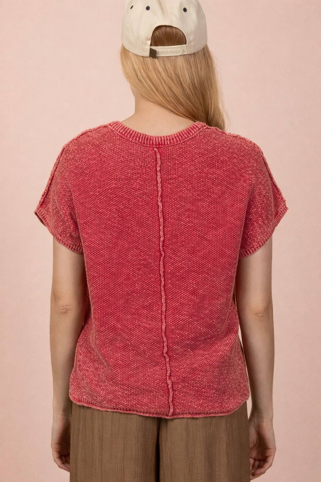 Red Mineral Washed Knit Casual Sweater Top