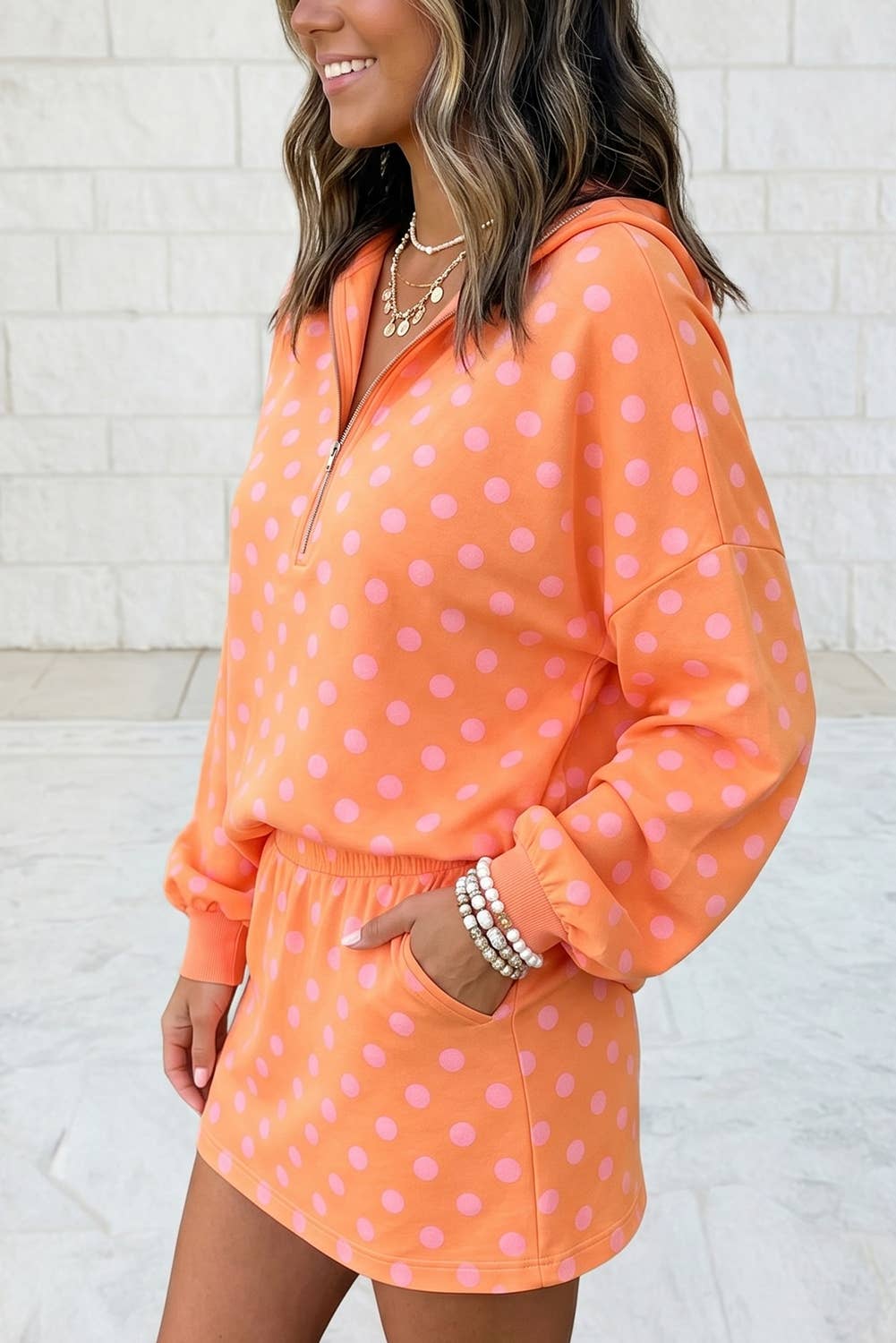 Polka Dot Half Zip Hoodie Mini Skirt Matching Two Piece Set
