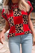 Plus Size Leopard Checkerboard Short Sleeve Sweater (S-3X)