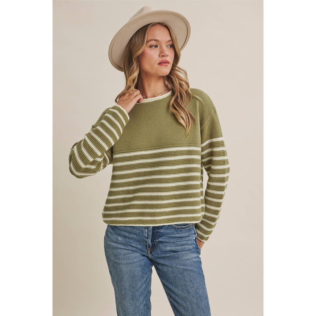 COZY CABIN CONTRAST STRIPE RELAXED SWEATER TOP