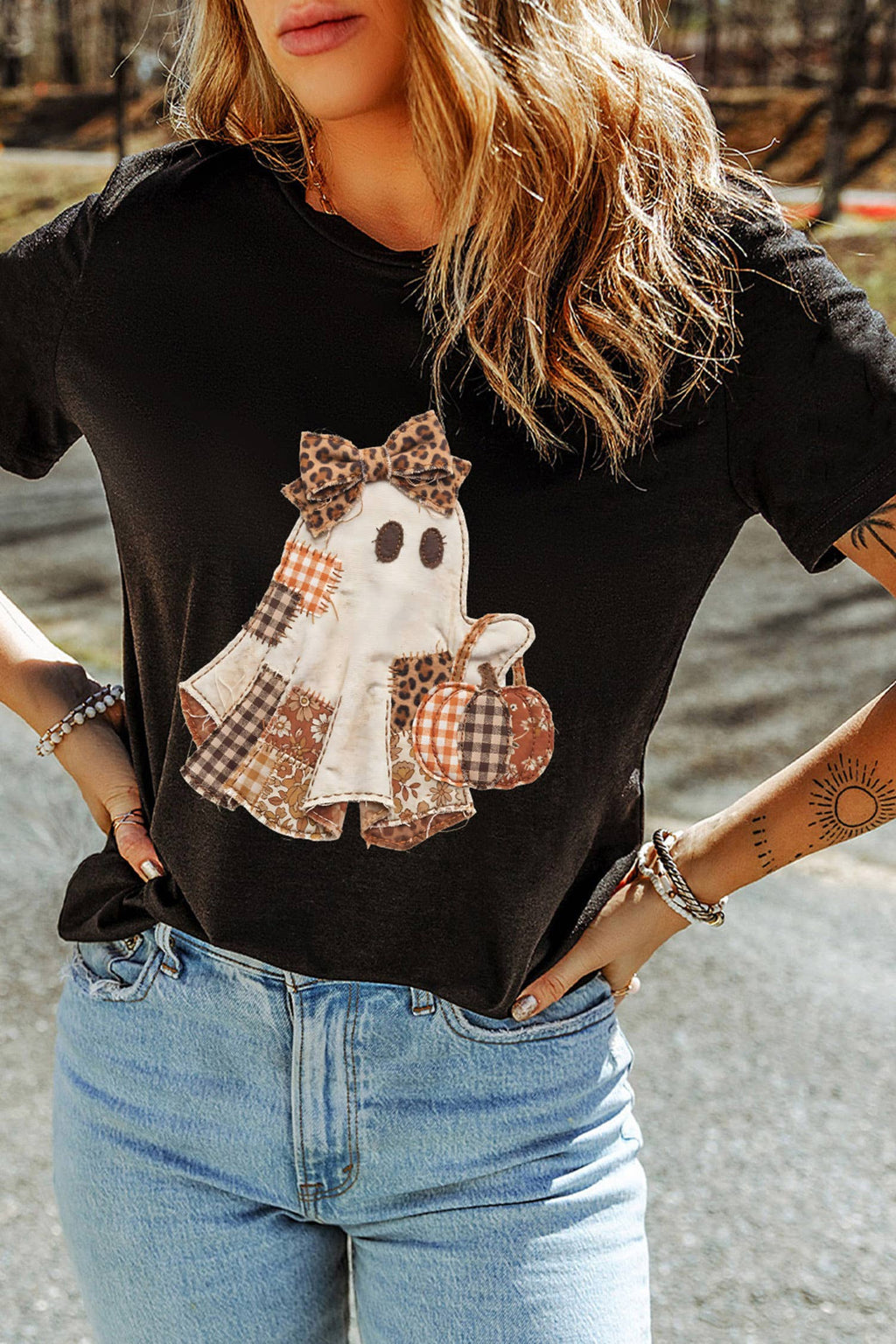 Halloween Ghost Appliqué Graphic T-Shirt (S-3XL)
