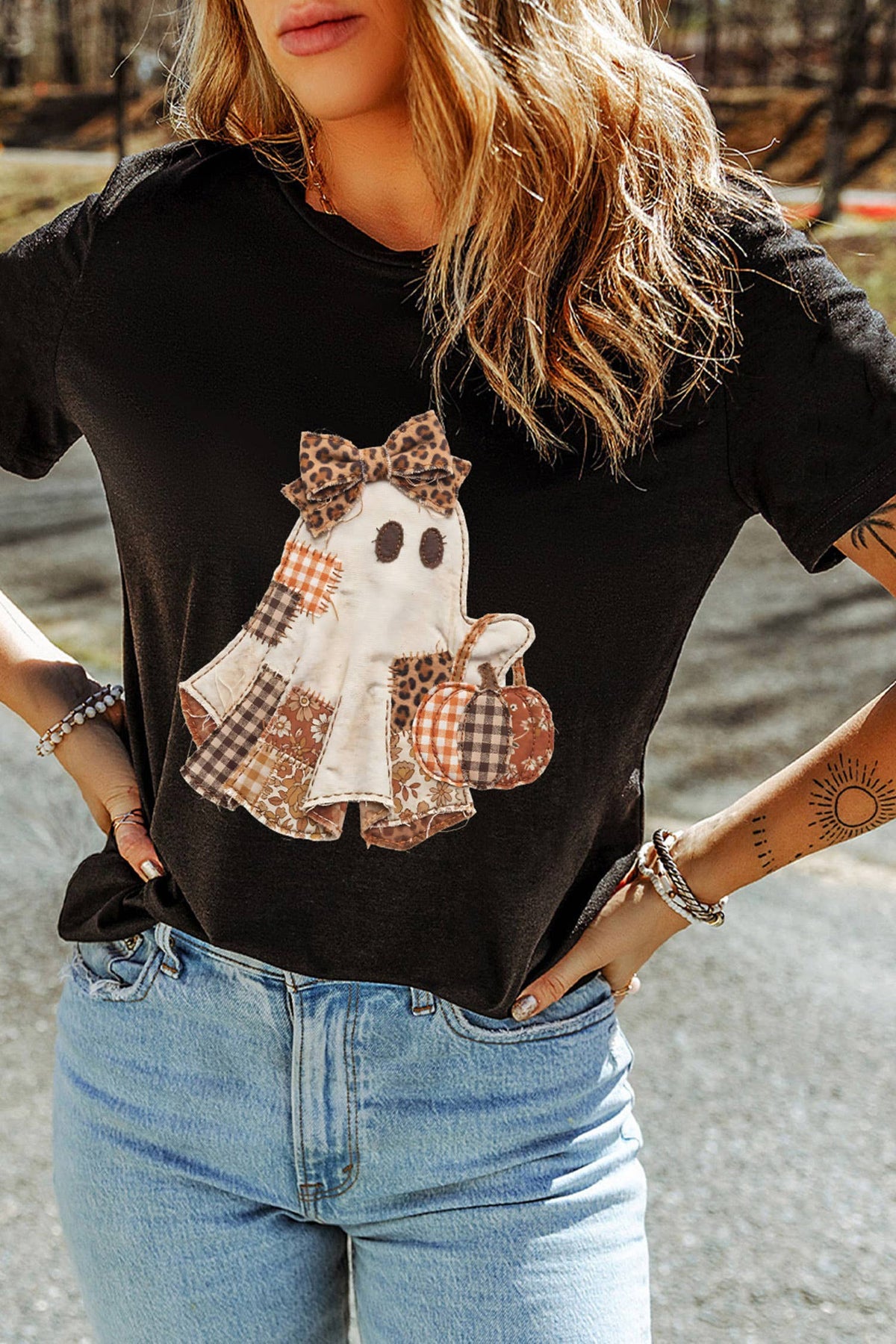 Halloween Ghost Appliqué Graphic T-Shirt (S-3XL)