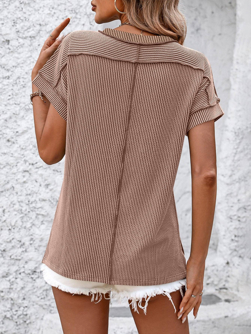 Women Textured Stripe Crew Neck Short Sleeve Loose Tee