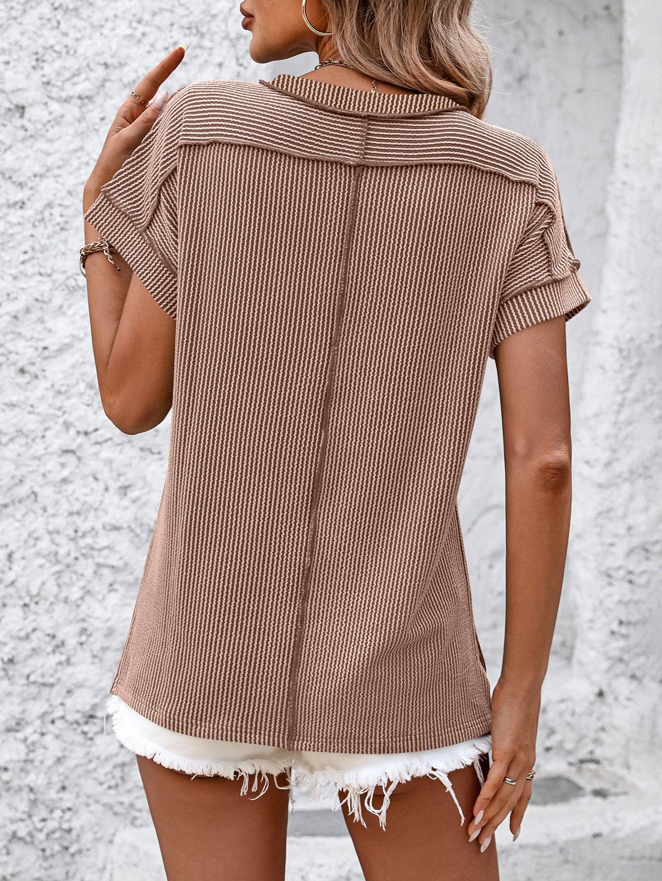 Women Textured Stripe Crew Neck Short Sleeve Loose Tee