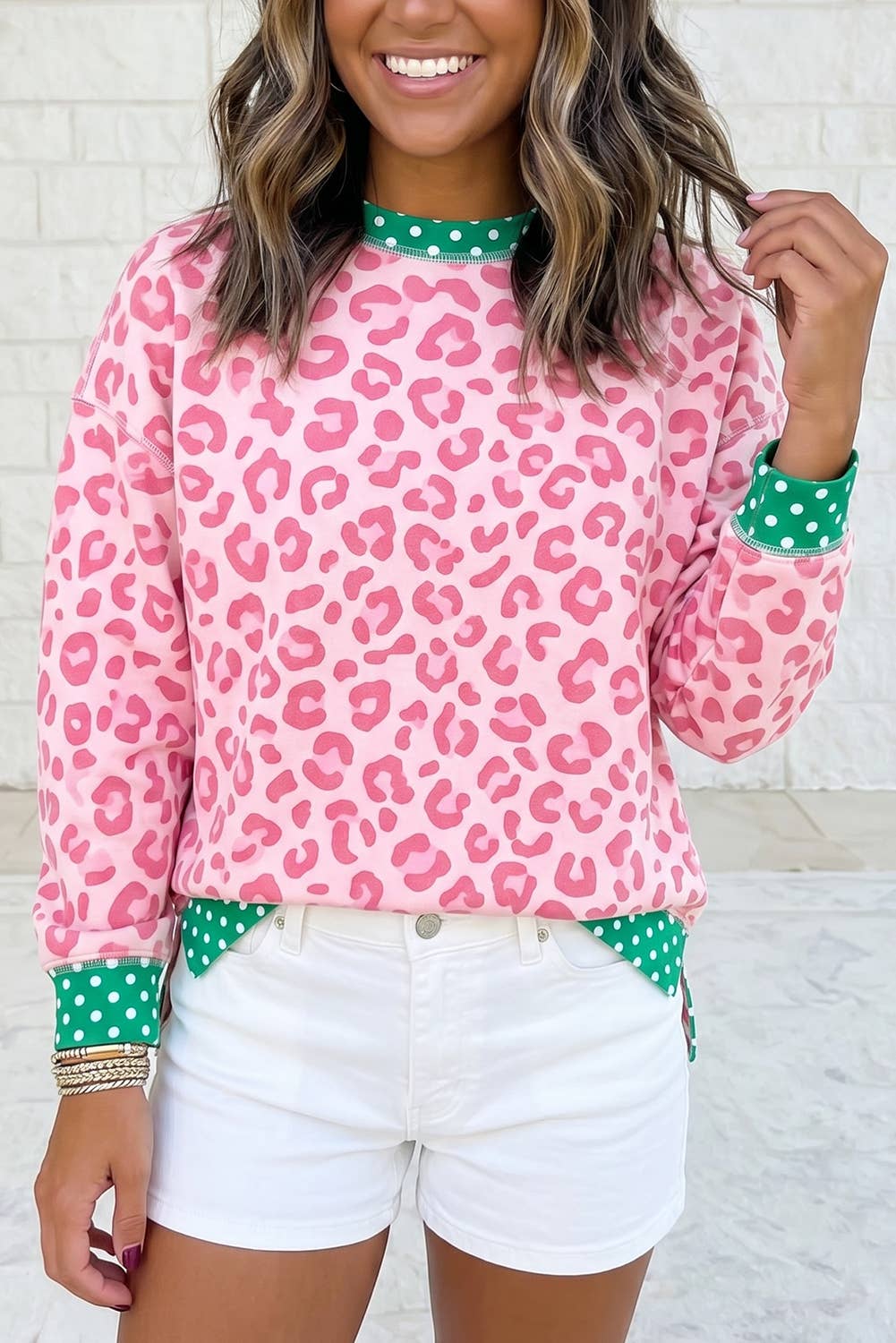 Leopard Polka Dot Colorblock Trim Long Sleeve Top