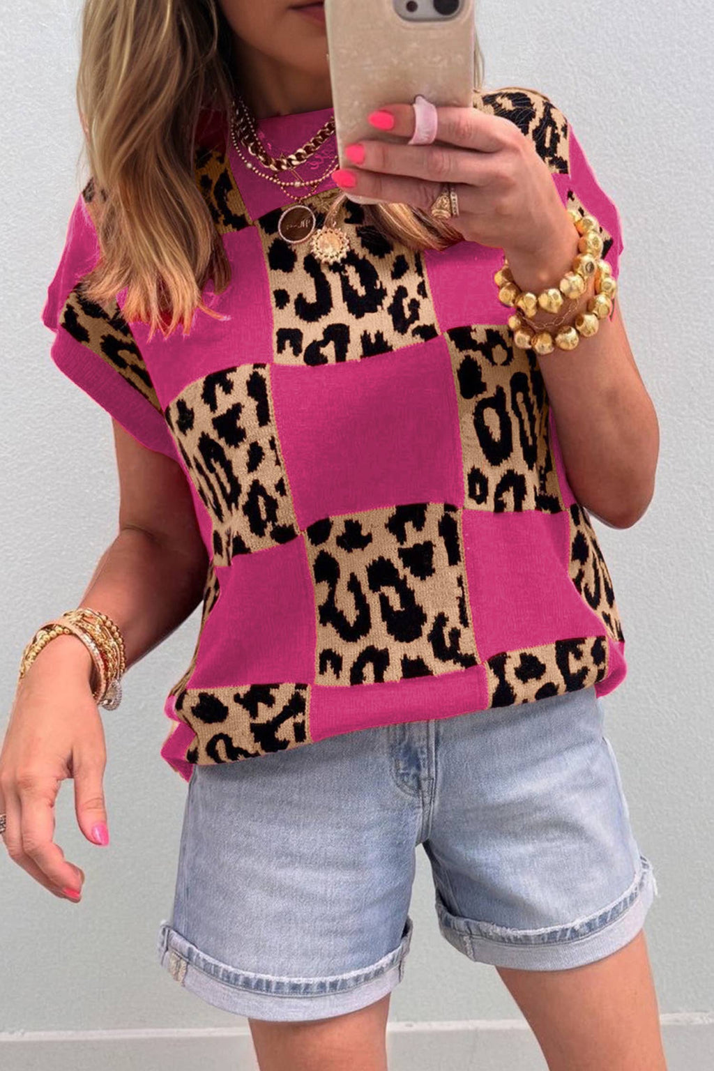 Plus Size Leopard Checkerboard Short Sleeve Sweater (S-3X)