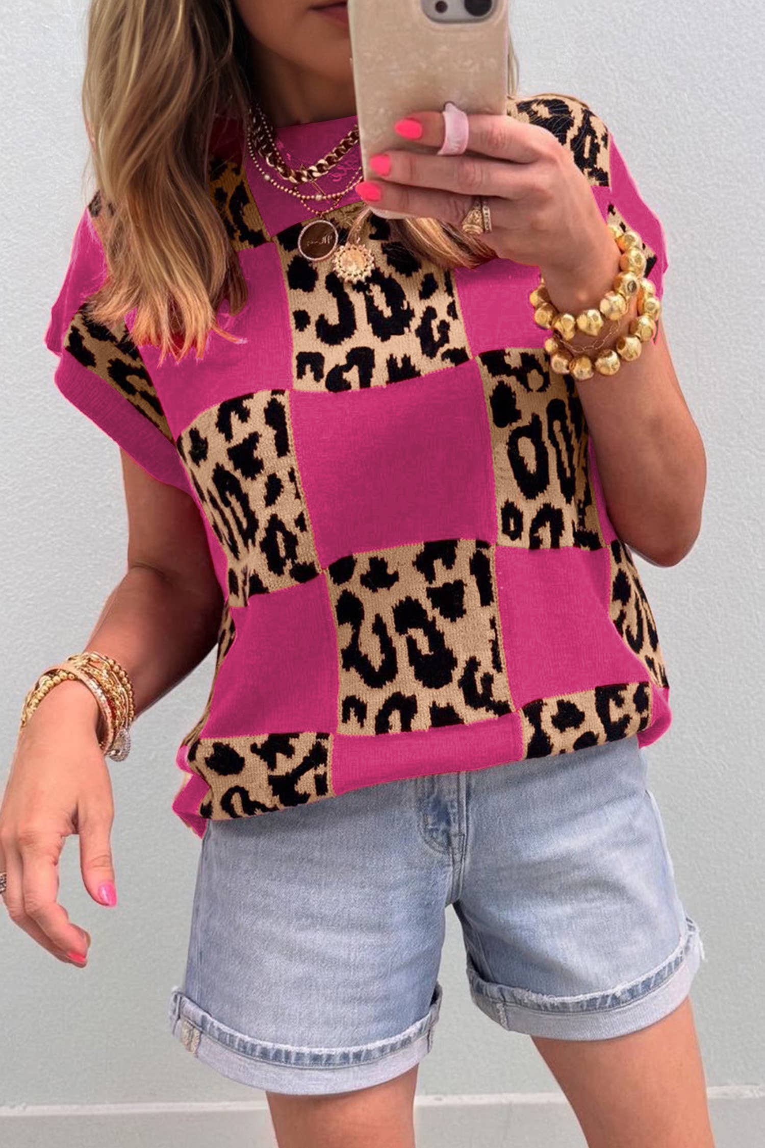 Plus Size Leopard Checkerboard Short Sleeve Sweater (S-3X)