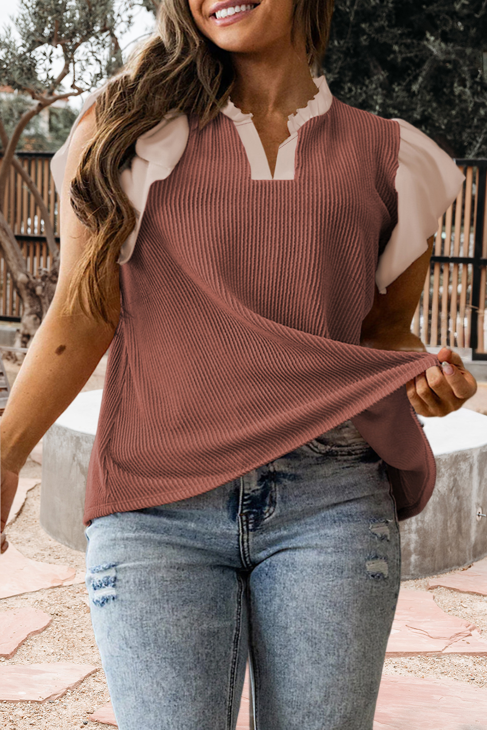 Contrast Frilled Neckline Ribbed Textured Blouse