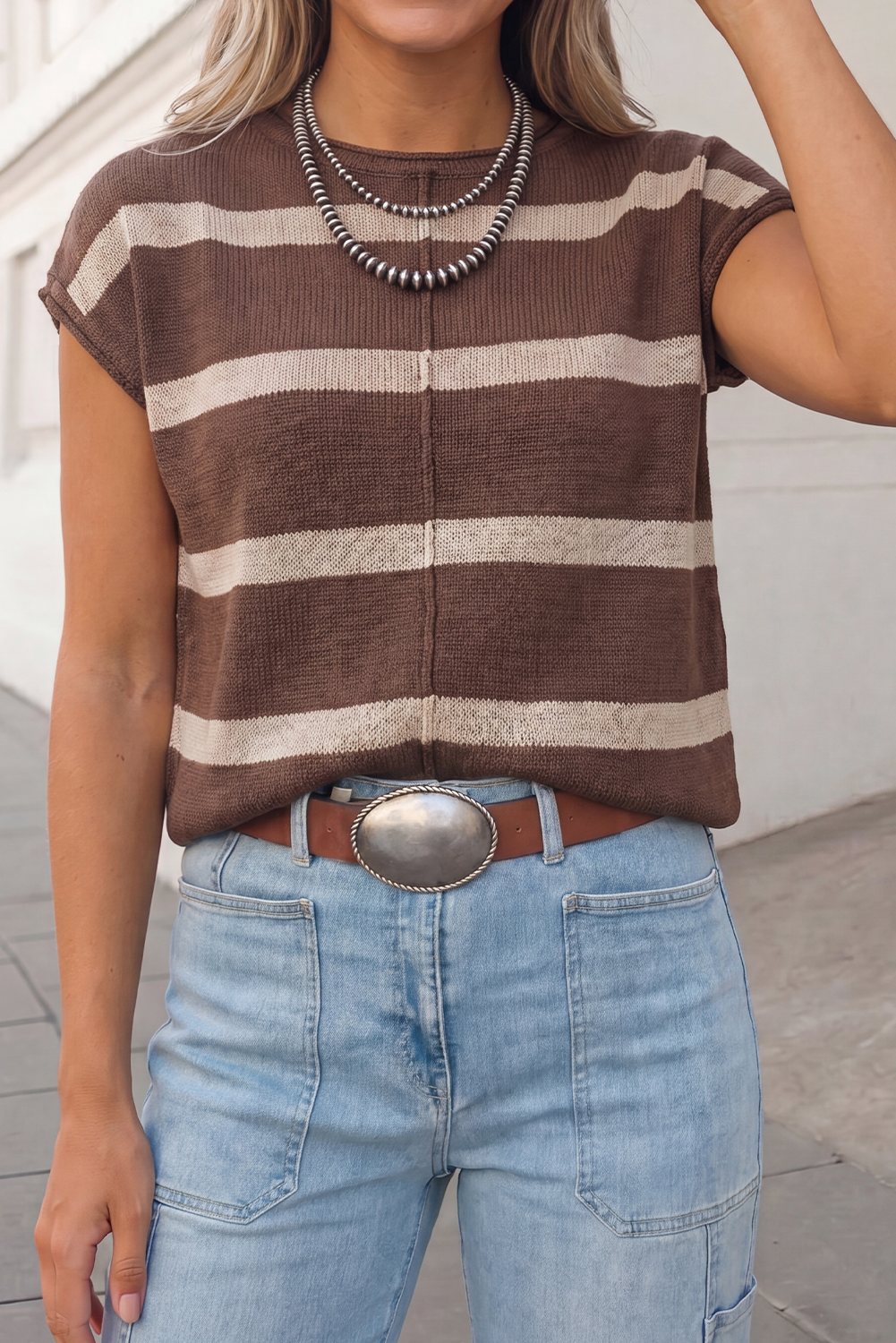 Striped Print Crew Neck Cap Sleeve Sweater Top FW26 | S-XL