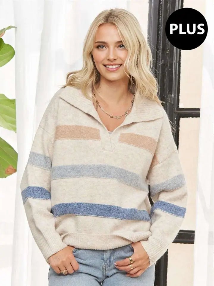 Plus Size Striped Pullover Collared Sweater