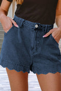 Scalloped Hemline Light Wash High Waist Denim Shorts