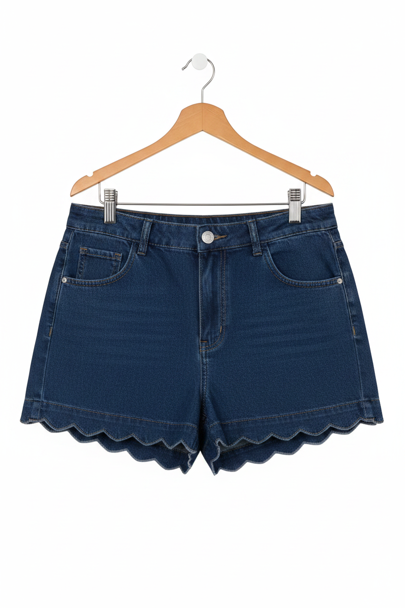 Scalloped Hemline Light Wash High Waist Denim Shorts