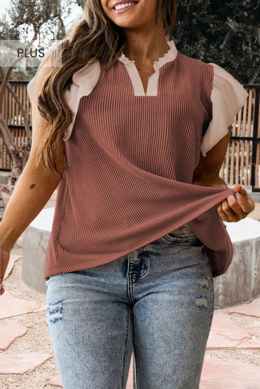 Contrast Frilled Neckline Ribbed Textured Blouse