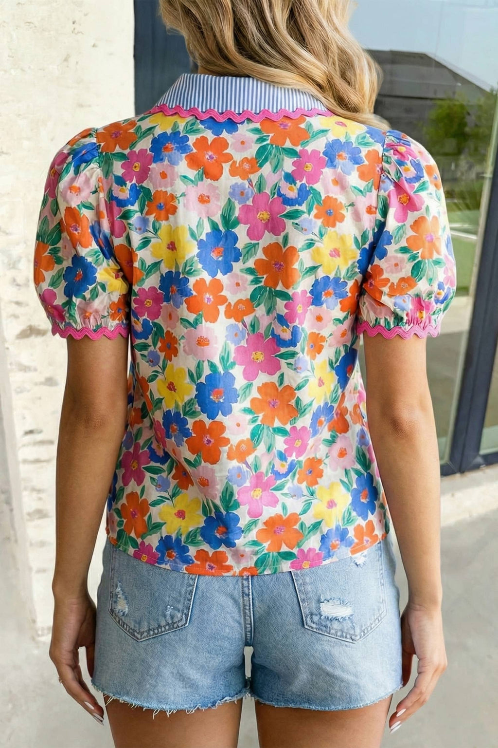 Floral Bubble Sleeve Striped V Neck Blouse SS26 | S-XL