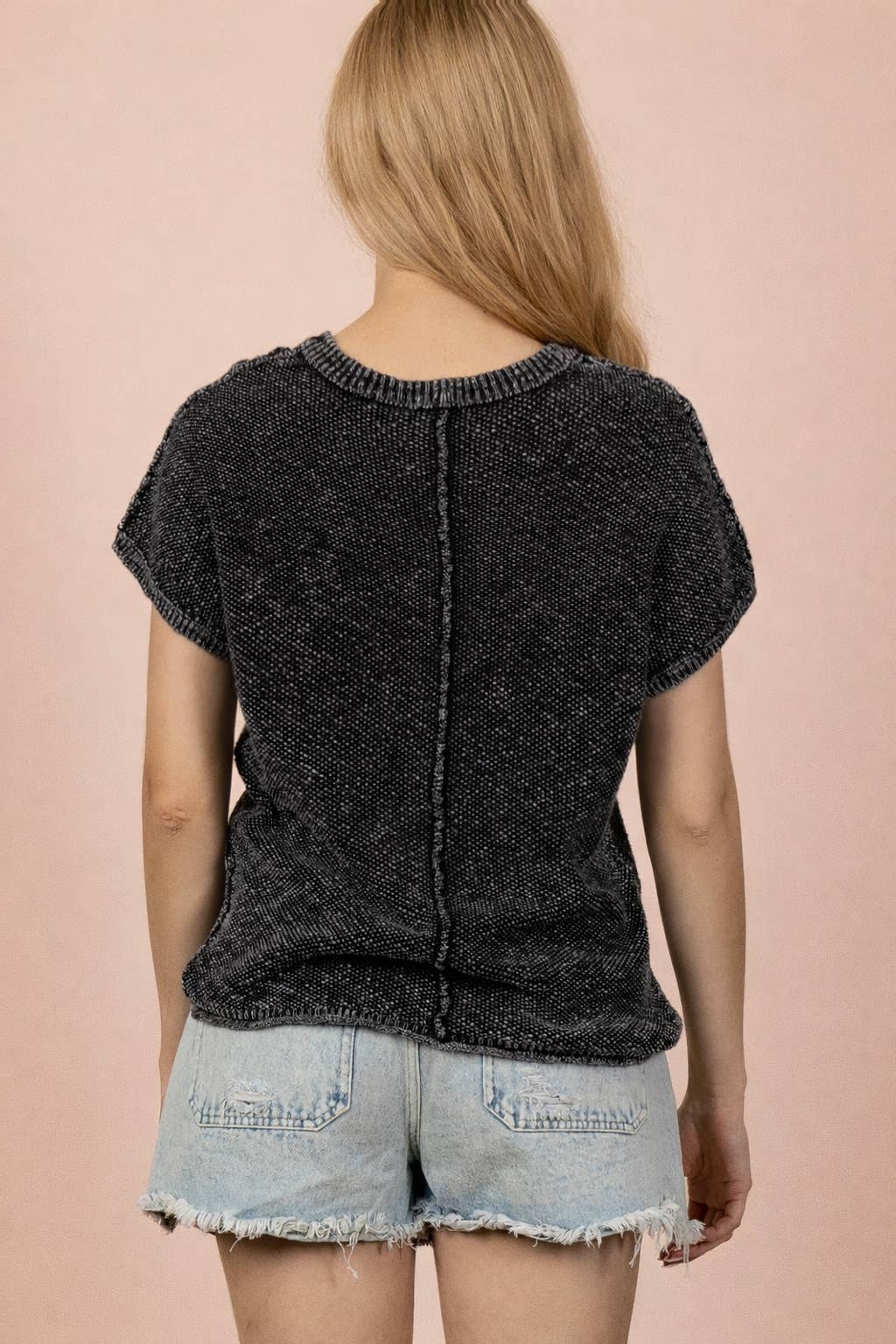 Black Mineral Washed Knit Casual Sweater Top - Plus Size