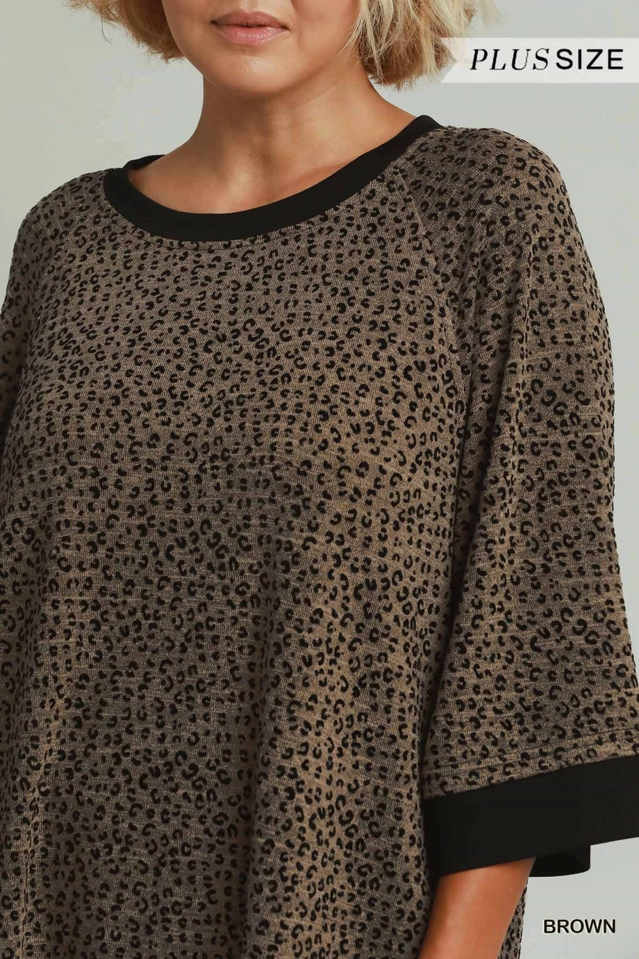 Plus Size Leopard Velvet Blend 3/4 Raglan Sleeve Top