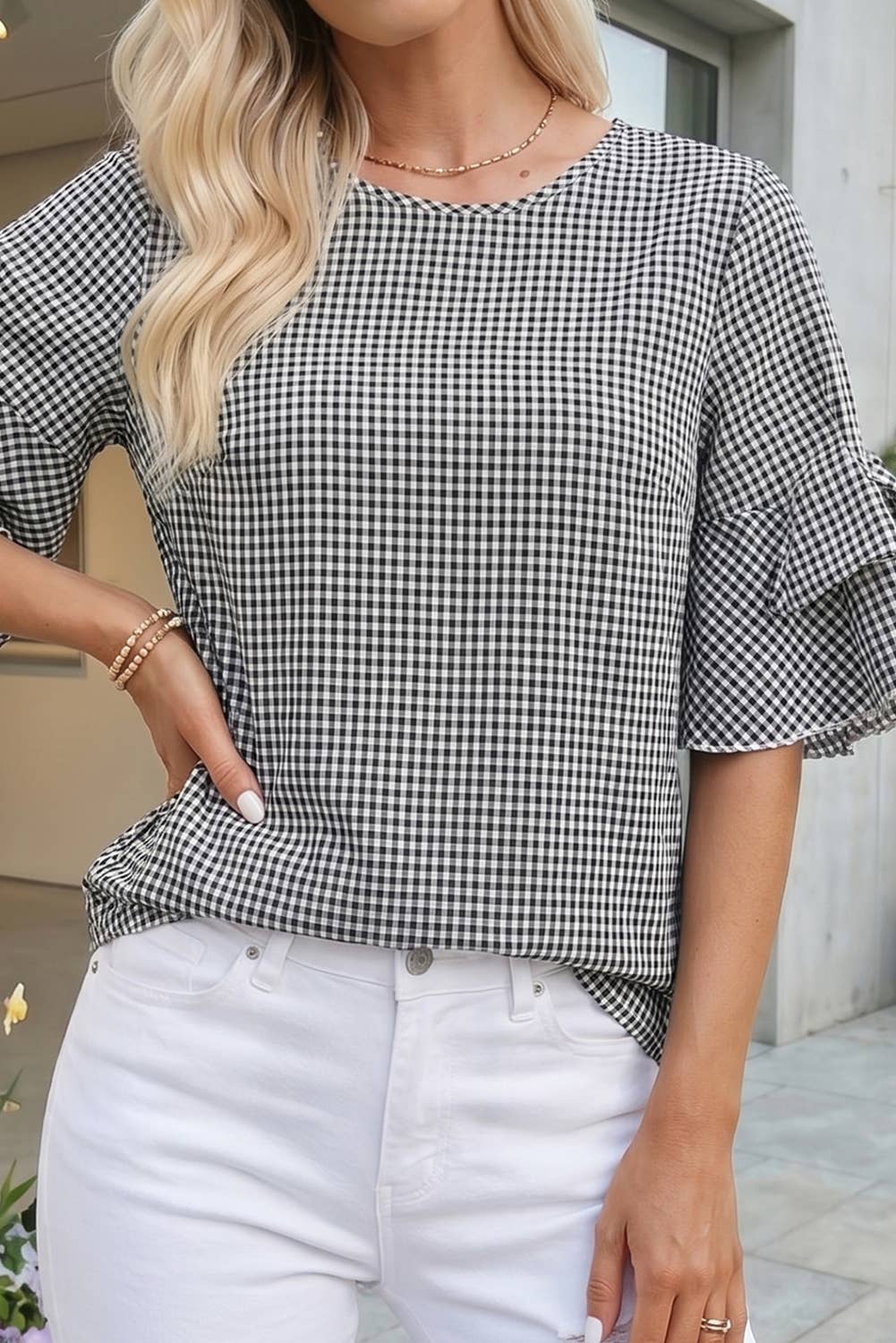 Plus Size Plaid Bow Bell Sleeve Round Neck Jumper (S-4X)