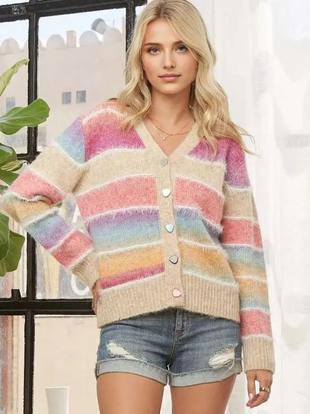 Color Block Stripe Button Down Cardigan