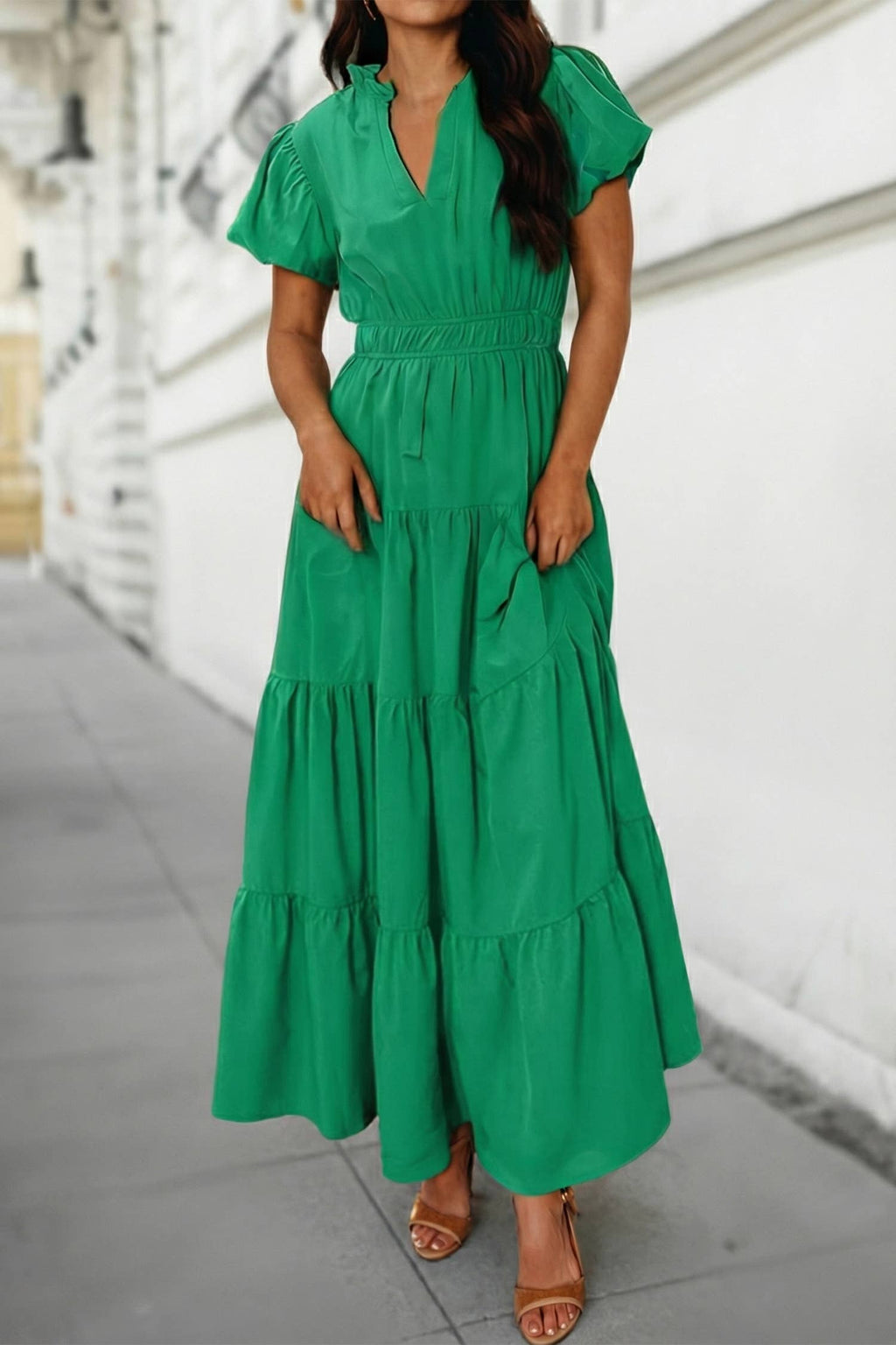 Solid V Neck Short Puff Sleeve Tiered Maxi Dress