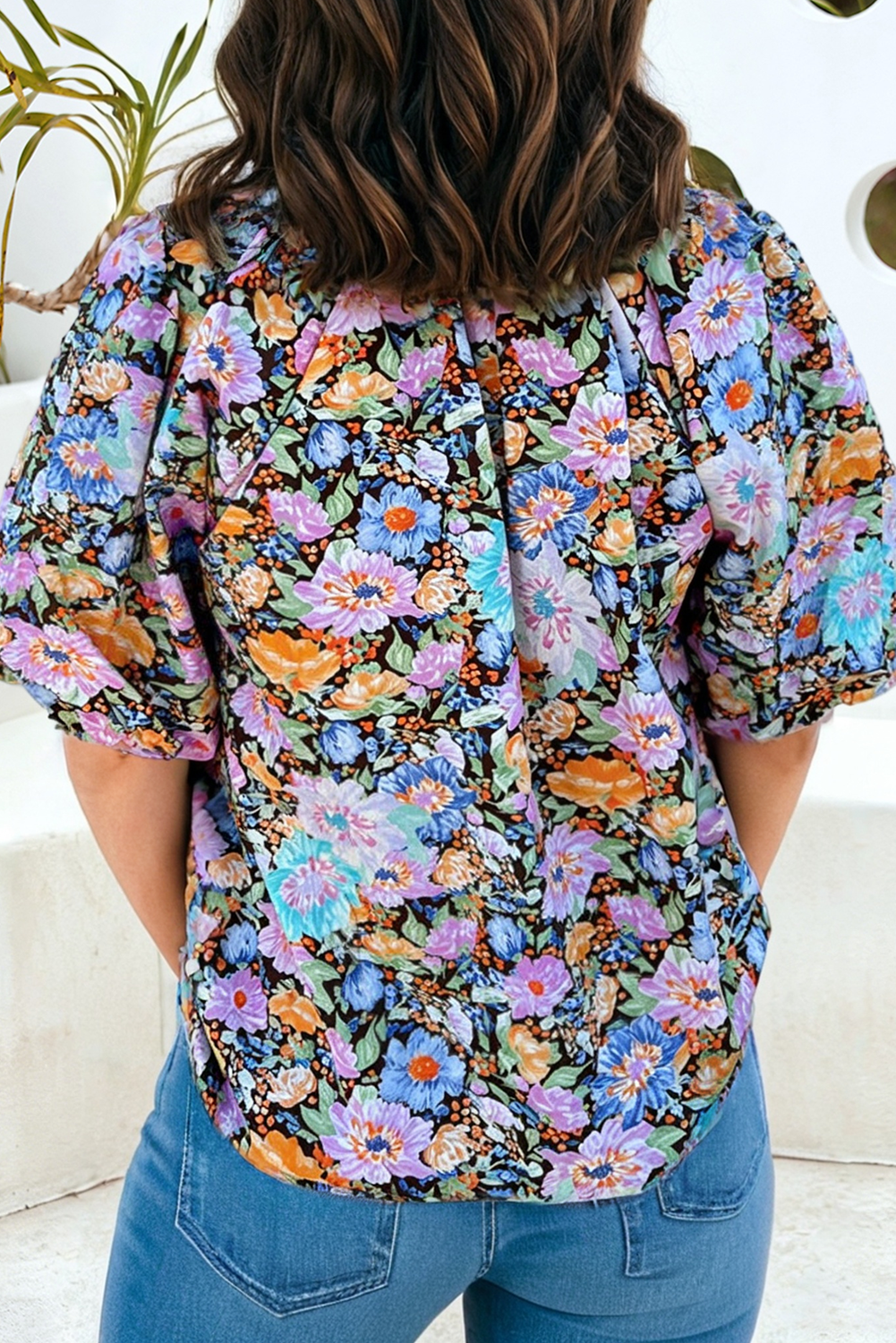 LDC Floral V Neck Shift Blouse Short Sleeve Pullover