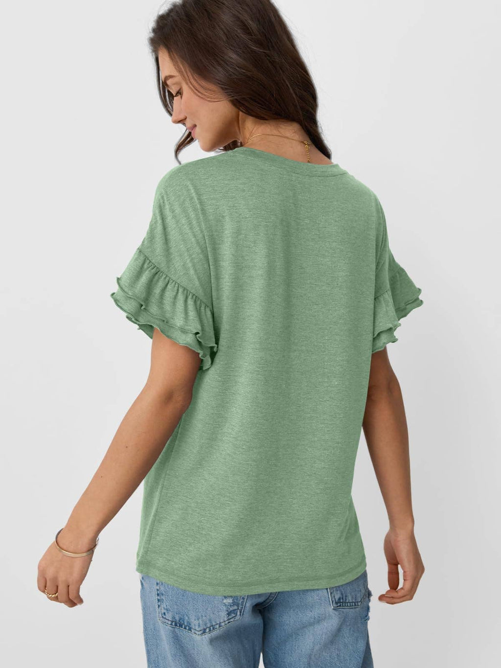 Women's Ruffle Sleeve Crew Neck T-Shirt – Casual Summer Solid Color Top