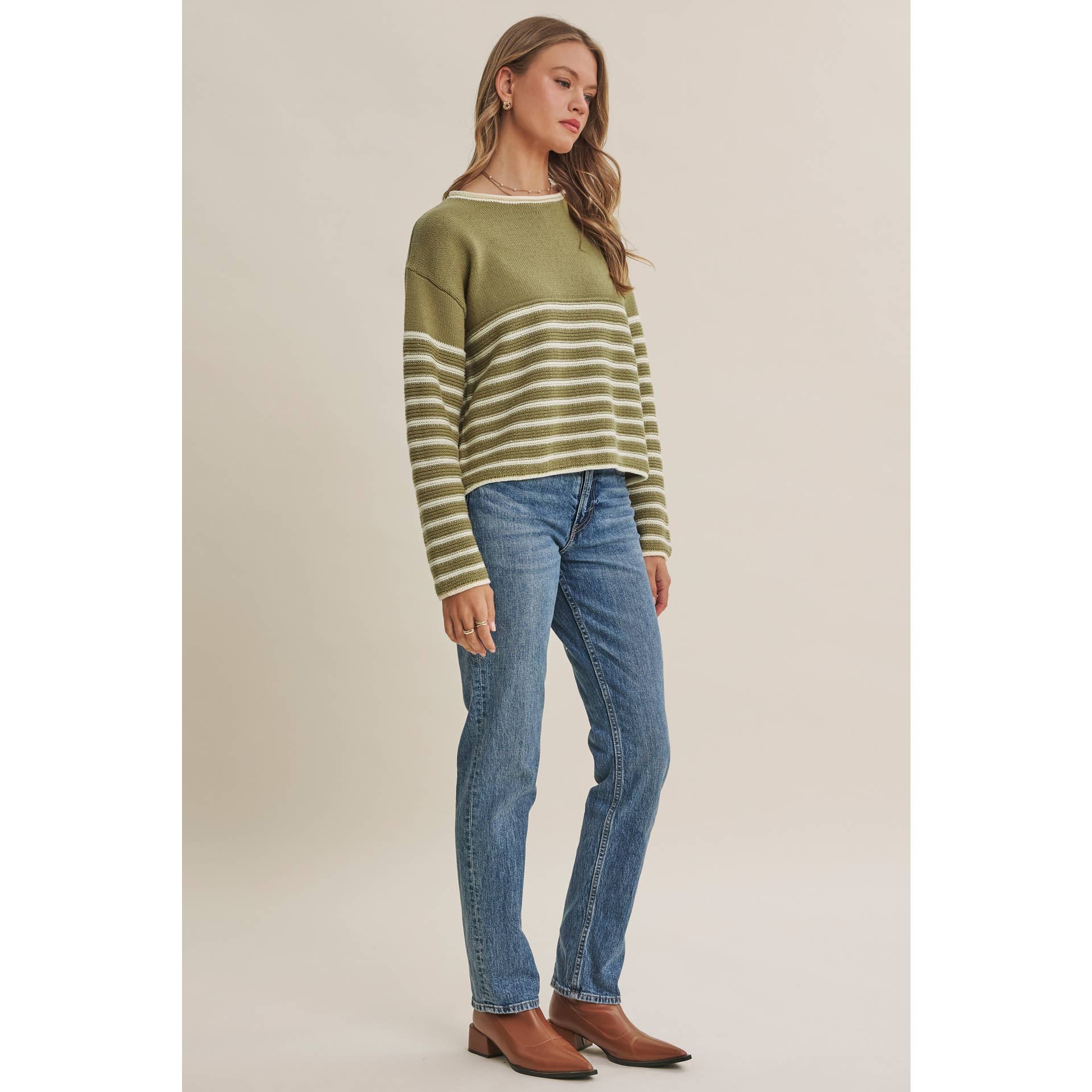 COZY CABIN CONTRAST STRIPE RELAXED SWEATER TOP