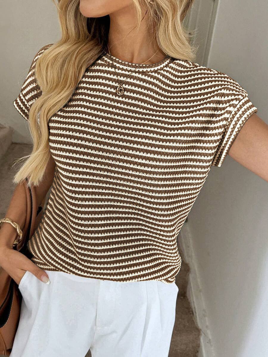 Stripe Knit Crew Neck Short Sleeve Top