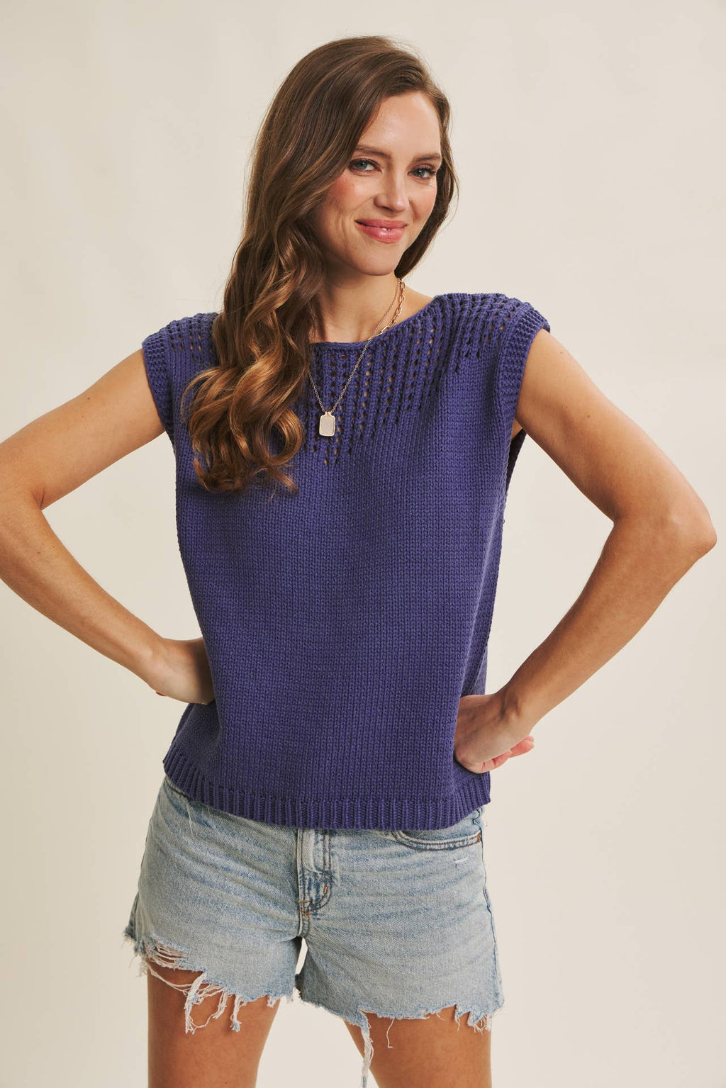 WEEKEND IN TUSCANY TIMELESS OPEN-KNIT FRONT YOKE SWEATER
