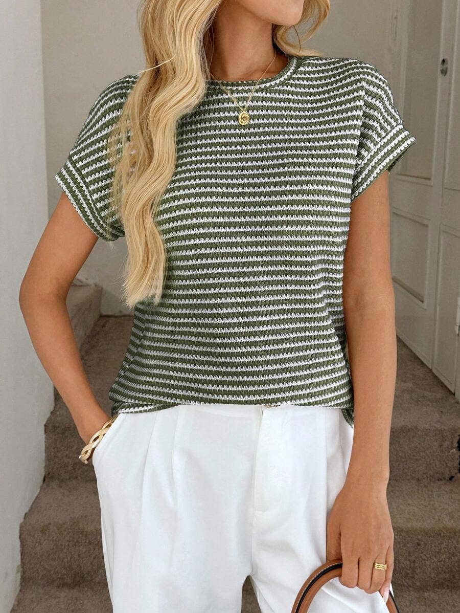Stripe Knit Crew Neck Short Sleeve Top