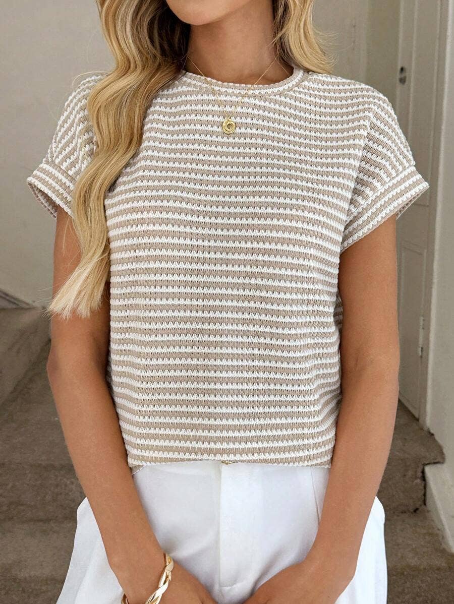 Stripe Knit Crew Neck Short Sleeve Top
