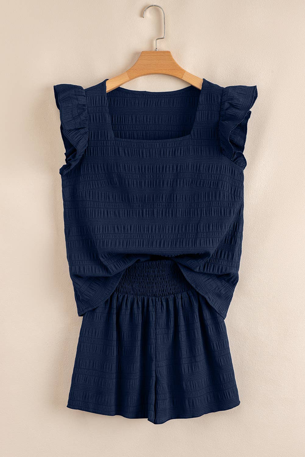 Textured Square Neck Ruffle Top and Shirred Shorts