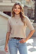 Mock Neck Short Sleeve Solid Shift Sweater
