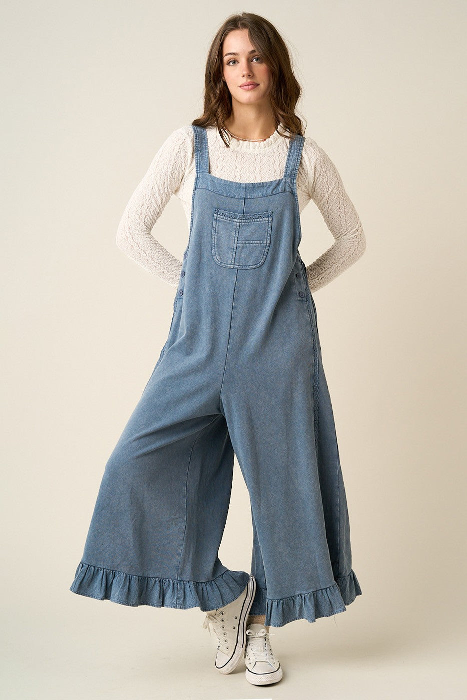 Mineral Washed Ruffle Hem Overall Jumpsuit