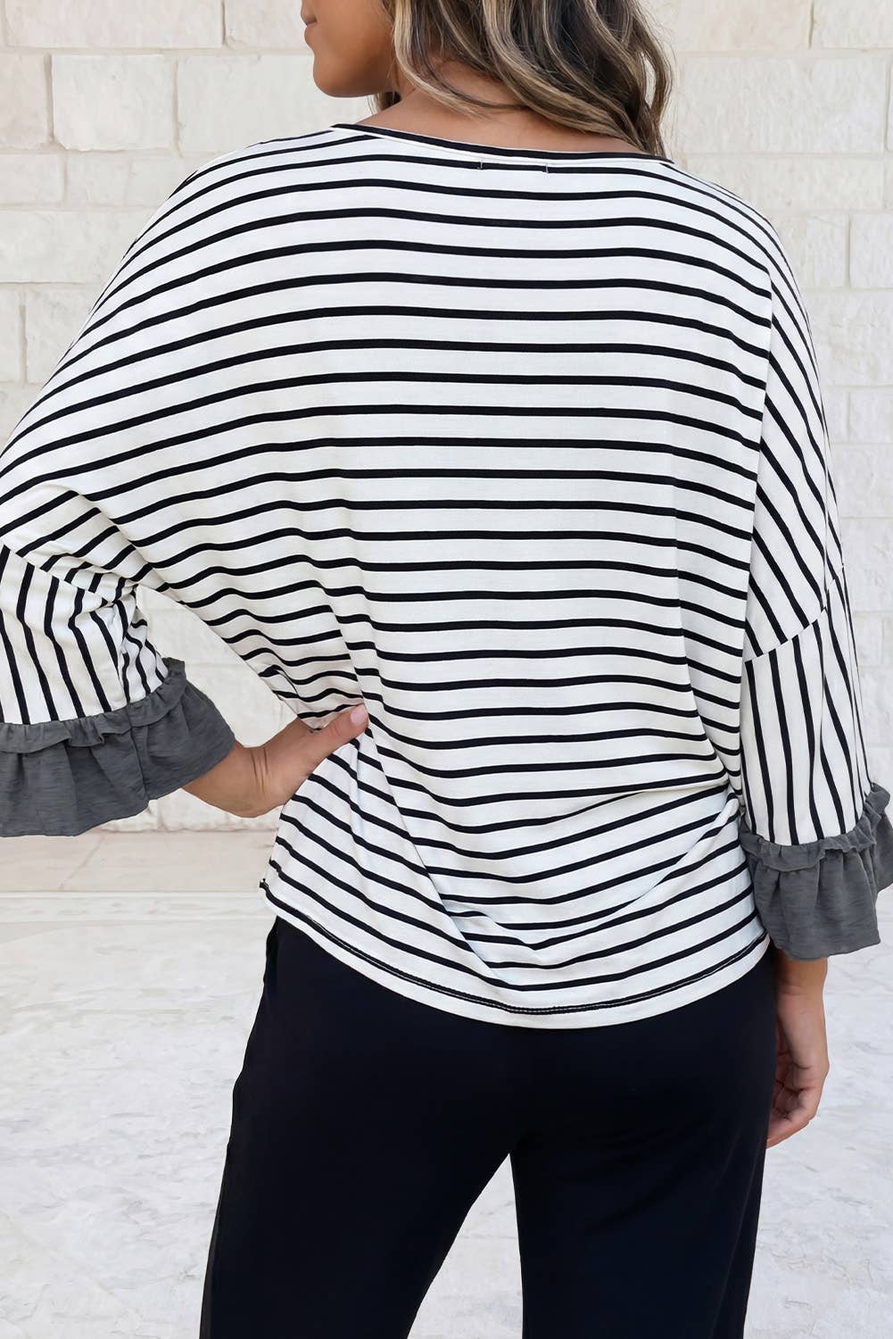 V Neck Ruffle Contrast Sleeve Drawstring Pants 2pcs Set S–4X