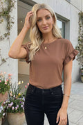 Solid Color Ribbed Ruffled Short Sleeve T Shirt