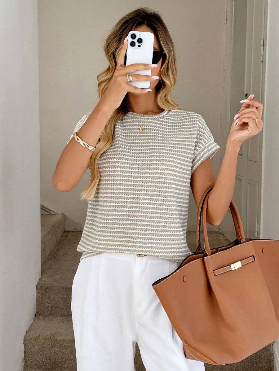 Stripe Knit Crew Neck Short Sleeve Top