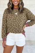 Leopard Polka Dot Colorblock Trim Long Sleeve Top